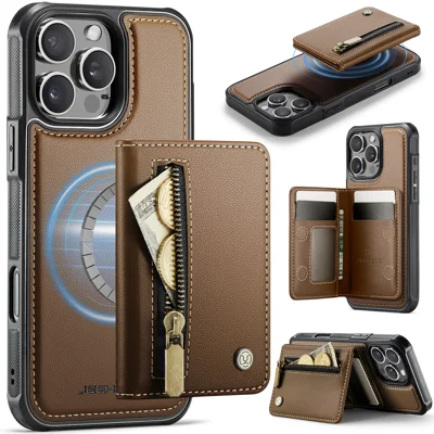 For iPhone 16 Pro Case JEEHOOD J12 Magnetisk Aftagelig Lommebog med lynlås og støtte i læder bagsidebeskyttelse Kompatibel med MagSafe - Brun
