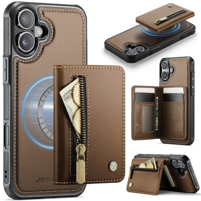 JEEHOOD For iPhone 16 Plus Case  J12 Magnetic  Detachable Zipper Wallet Kickstand Leather Back Cover Compatible with MagSafe - Brown