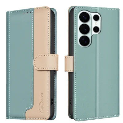Étui en cuir Samsung Galaxy S26 Ultra BINFEN COLOR Splicing Color RFID Blocking Wallet Stand Phone Cover - Vert