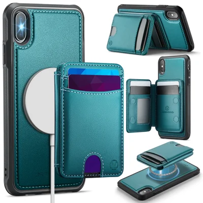 Til iPhone XS Max 6,5 tommer Case JEEHOOD J10 Kompatibel med MagSafe Læder Bagdæksel med Afmonterbar Kortlomme og Støtte - Blå