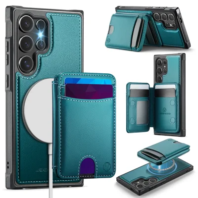 JEEHOOD For Samsung Galaxy S24 Ultra Case  J10  Magnetic Case Leather Back Phone Cover with Detachable Card Holder Kickstand - Blue