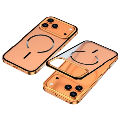 Voor iPhone 17 Pro hoesje compatibel met MagSafe Aluminiumlegering PC matte telefoonhoes met pop-up vergrendeling - Oranje
