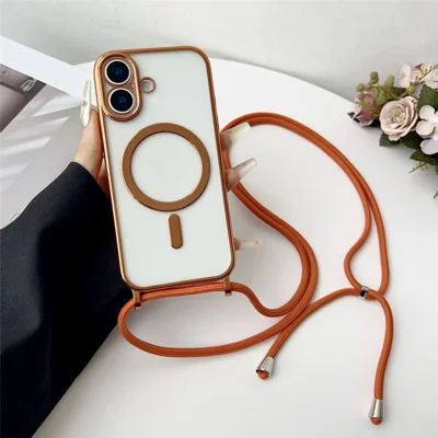 Funda para iPhone 17 compatible con MagSafe Borde de electrochapado Cubierta de teléfono TPU con correa para el hombro - Naranja