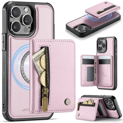 JEEHOOD For iPhone 15 Pro Max Case  J12 Magnetic  Detachable Zipper Wallet Kickstand Leather Back Cover Compatible with MagSafe - Pink