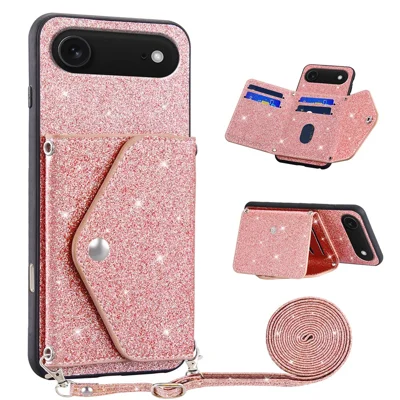 iPhone Air Case Kartenfach Ständer PU-Leder + TPU Glitzer Handyhülle mit Schultergurt - Pink