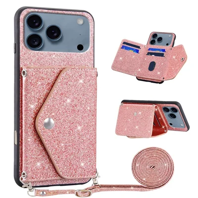 For iPhone 17 Pro Case Card Holder Kickstand PU Leather + TPU Glitter Phone Cover with Shoulder Strap - Pink