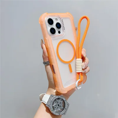 Capa para iPhone 16 Pro Max Compatível com MagSafe 3 em 1 Capa Traseira de Telefone Fosca de TPU + PC com Alça de Mão - Laranja