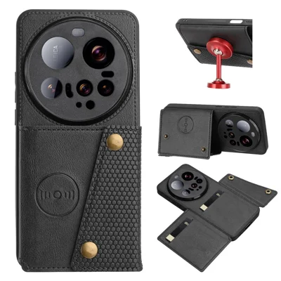 Xiaomi 15 Ultra hoesje met kaartslots en standaard van leer + TPU - Zwart