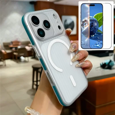 Per iPhone 17 Pro Max Custodia Compatibile con MagSafe Texture Corrugata PC Custodia Telefonica con Pellicola in Vetro Temperato - Blu / Bianco