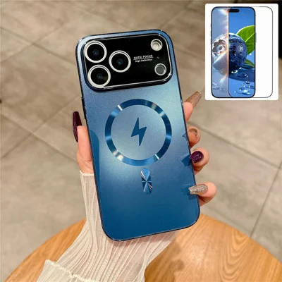 Voor iPhone 17 Pro-hoesje compatibel met MagSafe, geëlektrolyseerd mat PC TPU telefoonhoesje met gehard glasfolie - donkerblauw