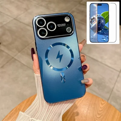 Für iPhone 17 Pro Max Hülle kompatibel mit MagSafe Elektroplattierte matte PC TPU Handyhülle mit gehärtetem Glasfilm - Dunkelblau