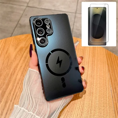 For Samsung Galaxy S25 Ultra Magnetic Case Electroplated Matte PC TPU Phone Cover with Tempered Glass Film - Black