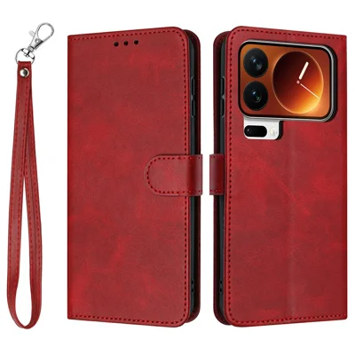 Xiaomi 17 Pro Max Wallet Case Flip Stand Calf Texture PU Leder Handyhülle mit Schlaufe - Rot