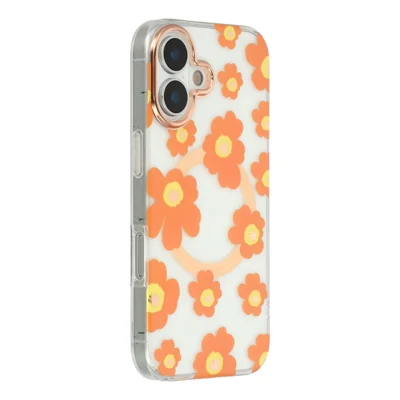 Funda para iPhone 16 compatible con MagSafe Patrón floral TPU PC Cubierta trasera del teléfono - Naranja