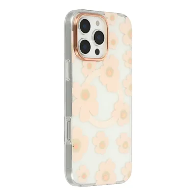 For iPhone 16 Pro Case Compatible with MagSafe Floral Pattern TPU PC Phone Back Cover - Pink