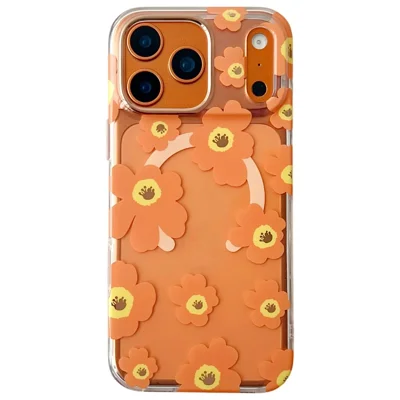 For iPhone 17 Pro Max Case Compatible with MagSafe Floral Pattern TPU PC Phone Back Cover - Orange
