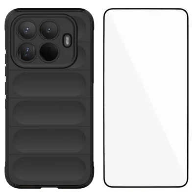 Xiaomi 15T Pro TPU Hülle WANLONFENG HD Serie Rutschfeste Handyhülle mit Panzerglas - Schwarz