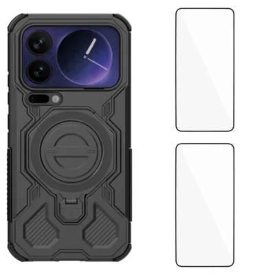 Xiaomi 17 Pro Max Hülle mit Ständer und 2 Stück Bildschirmschutzfolien WANLONFENG KJ Serie PC TPU Handyhülle (großes Linsenloch) - Schwarz