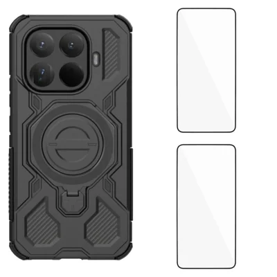 Xiaomi 15T Pro Hülle mit Ständer und 2 Stück Bildschirmschutzfolie WANLONFENG KJ Serie PC TPU Handyhülle (großes Kameraobjektiv-Loch) - Schwarz