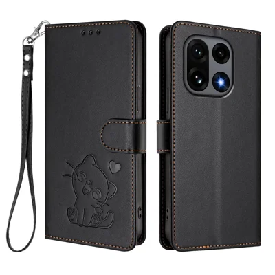 Portemonnee hoesje voor OnePlus 15 5G met polsbandje, imitatie leer telefoonhoesje met liefdeskattenpatroon - Zwart