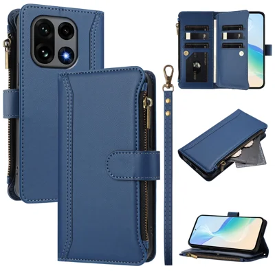 Funda de cuero para OnePlus 15 5G con 9 ranuras para tarjetas, cremallera, soporte y correa para la muñeca - Azul oscuro