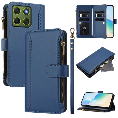For Motorola Edge 70 5G Leather Case 9 Card Slots Zipper Wallet Stand Phone Cover with Wrist Strap - Dark Blue