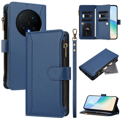 Capa de Couro Mágica8 Pro 5G para Honor, com 9 Slots para Cartão, Zíper, Suporte para Telefone e Alça de Pulso - Azul Escuro