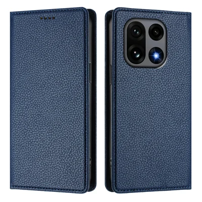 Étui portefeuille 5G OnePlus 15 - Couverture mobile en cuir de texture de litchi avec blocage RFID - Bleu foncé