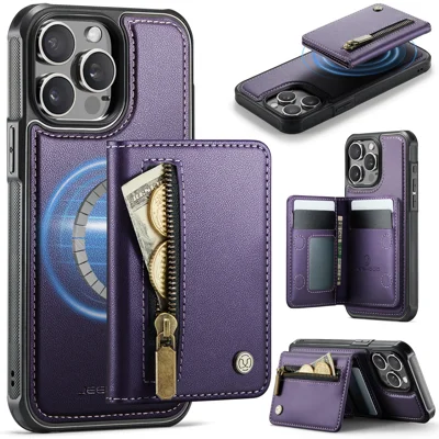 JEEHOOD For iPhone 12 Pro Max 6.7 inch Case  J12 Magnetic Detachable Zipper Wallet Kickstand Leather Back Cover Compatible with MagSafe - Purple