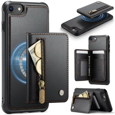 JEEHOOD For iPhone 8 4.7 inch / iPhone SE (2020) / iPhone SE (2022) / iPhone 7 4.7 inch Case  J12 Magnetic Detachable Zipper Wallet Kickstand Leather Back Cover Compatible with MagSafe - Black