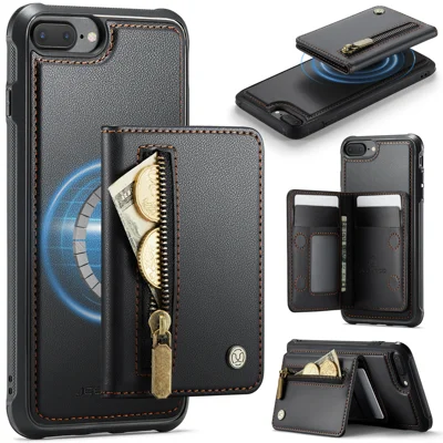 Funda para iPhone 8 Plus 5.5 pulgadas / iPhone 7 Plus 5.5 pulgadas JEEHOOD J12 Cartera magnética desmontable con cremallera, soporte y cubierta de cuero compatible con MagSafe - Negro