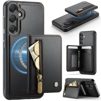 JEEHOOD For Samsung Galaxy A35 5G Case  J12 Magnetic Detachable Zipper Wallet Kickstand Leather Back Cover Magnetic Case - Black