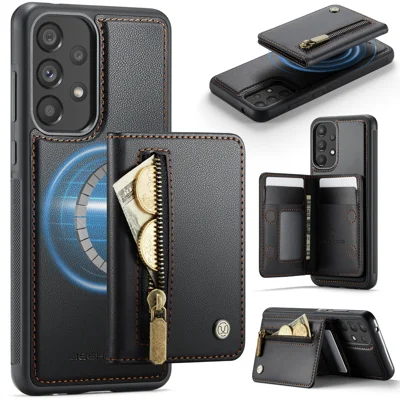JEEHOOD For Samsung Galaxy A33 5G Case  J12 Magnetic Detachable Zipper Wallet Kickstand Leather Back Cover Magnetic Case - Black