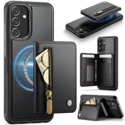 JEEHOOD For Samsung Galaxy A34 5G Case  J12 Magnetic Detachable Zipper Wallet Kickstand Leather Back Cover Magnetic Case - Black