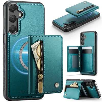 Capa 4G para Samsung Galaxy A15 JEEHOOD J12 Magnética Destacável Carteira com Zíper Suporte Capa de Couro Compatível com MagSafe - Azul