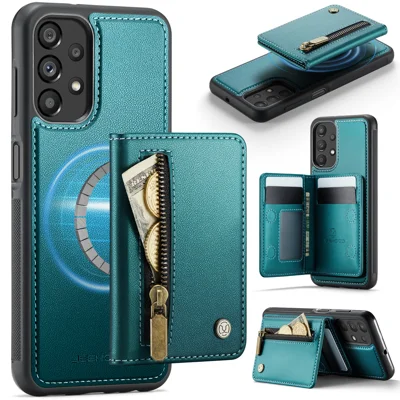 JEEHOOD For Samsung Galaxy A23 5G (Global) / Galaxy A23 4G Case  J12 Magnetic Detachable Zipper Wallet Kickstand Leather Back Cover Magnetic Case - Blue