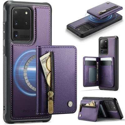 JEEHOOD For Samsung Galaxy S20 Ultra Case  J12 Magnetic Detachable Zipper Wallet Kickstand Leather Back Cover Magnetic Case - Purple