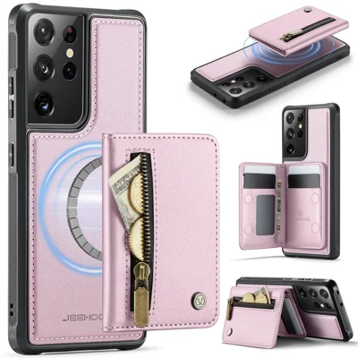 JEEHOOD For Samsung Galaxy S21 Ultra 5G Case  J12 Magnetic Detachable Zipper Wallet Kickstand Leather Back Cover Magnetic Case - Pink