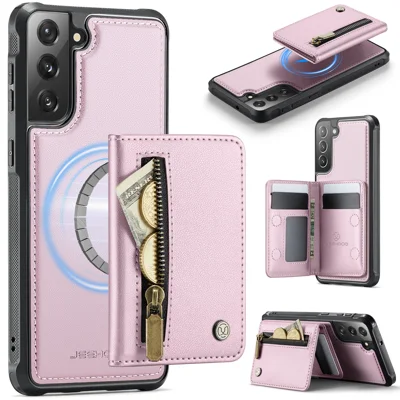 Capa para Samsung Galaxy S22+ 5G JEEHOOD J12 Carteira Magnética Destacável com Zíper, Suporte de Couro, Compatível com MagSafe - Rosa