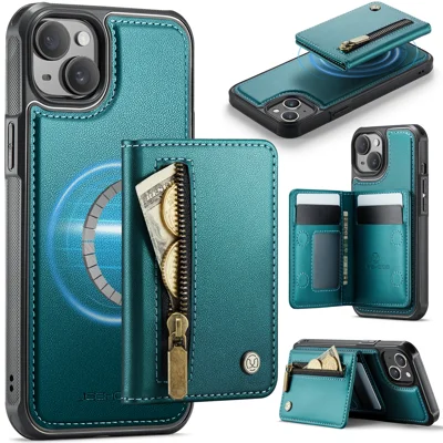 JEEHOOD For iPhone 13 6.1 inch Case  J12 Magnetic Detachable Zipper Wallet Kickstand Leather Back Cover Compatible with MagSafe - Blue