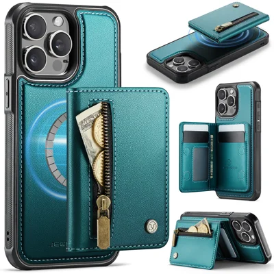 JEEHOOD For iPhone 13 Pro 6.1 inch Case  J12 Magnetic Detachable Zipper Wallet Kickstand Leather Back Cover Compatible with MagSafe - Blue