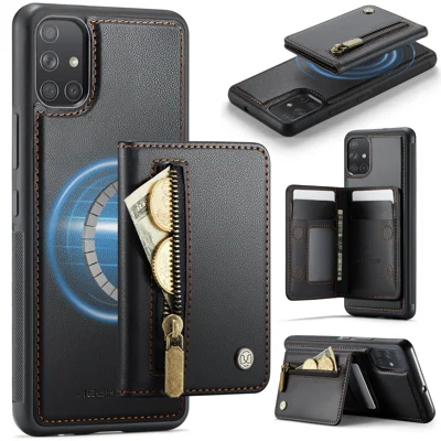 Voor Samsung Galaxy A51 4G SM-A515 Hoesje JEEHOOD J12 Magnetisch Uitneembaar Portemonnee- en Opklapbaar Lederen Achterklep met Rits Compatibel met MagSafe - Zwart