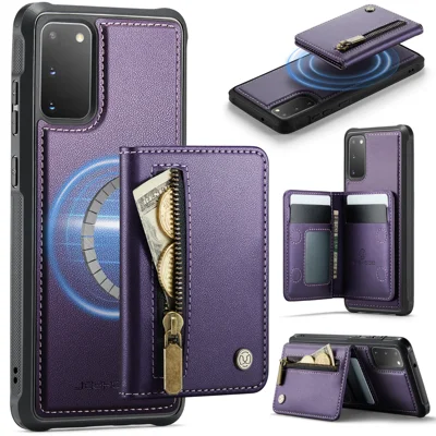 JEEHOOD For Samsung Galaxy S20 4G / Galaxy S20 5G Case  J12 Magnetic Detachable Zipper Wallet Kickstand Leather Back Cover Magnetic Case - Purple