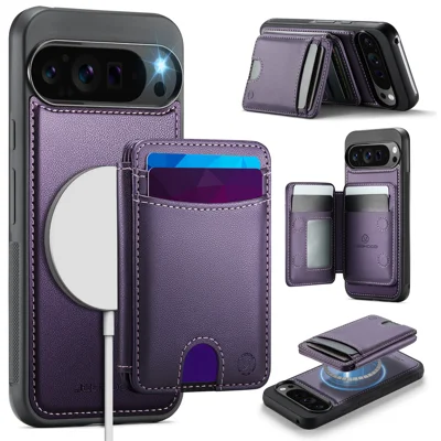 JEEHOOD For Google Pixel 10 Pro XL Case  J10  Magnetic Case Leather Back Phone Cover with Detachable Card Holder Kickstand - Purple