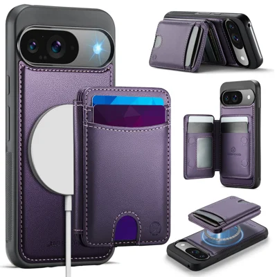 For Google Pixel 10 Pro / Google Pixel 10 Case JEEHOOD J10  Compatible with MagSafe Leather Back Phone Cover with Detachable Card Holder Kickstand - Purple