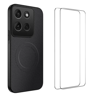 For Motorola Moto G86 5G Magnetic Case WANLONFENG TQ1 Series Carbon Fiber Texture PC TPU Phone Cover with 2Pcs Screen Films - Black