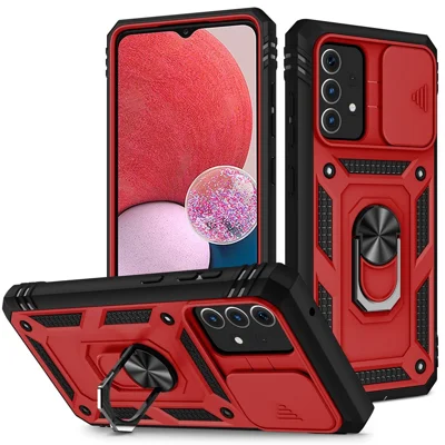 For Samsung Galaxy A13 4G Phone Cover Ring Kickstand Scratch-resistant Mobile Phone Case Card Holder with Sliding Camera Lid - Red  /  Black