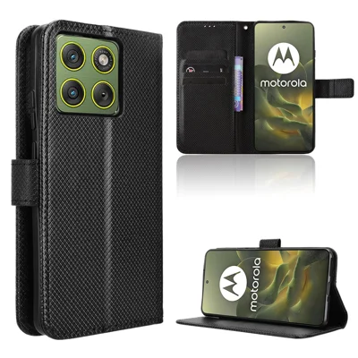 For Motorola Edge 70 5G Leather Wallet Case with Strap Diamond Texture Phone Cover - Black