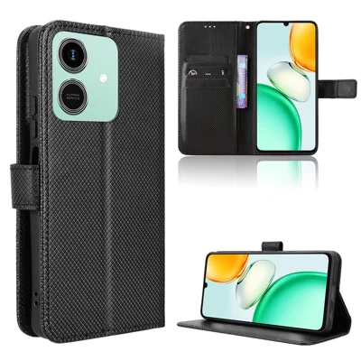 For Honor Play10 4G Leather Wallet Case with Strap Diamond Texture Phone Cover - Black