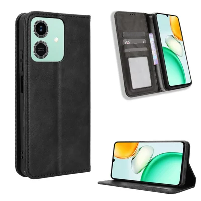 For Honor Play10 4G Leather Case Wallet Stand Retro Texture Phone Cover - Black